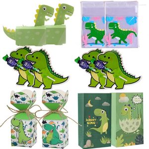 Envoltura de regalo Cartón Cajas de dulces de dinosaurio Bolsas de galletas verdes Tarjetas de soporte de piruleta para niños Fiesta de cumpleaños Regalos de bricolaje Suministro de embalaje