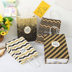 Bolsa de papel Kraft con rayas onduladas doradas para regalo, con asas, decoración para fiesta de cumpleaños, boda, Navidad, dulces, asa sencilla, regalo