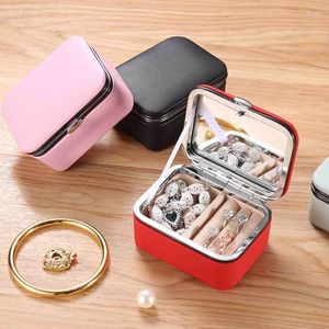 Emballage cadeau coréen Portable Mini boîte à bijoux avec miroir boucles d'oreilles collier anneaux organisateur étui de voyage en cuir Pu