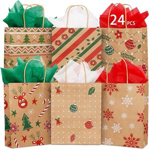 Emballage cadeau PCS Sacs de Noël Kraft Sacs en vrac de taille moyenne avec des impressions assorties / papier de soie / poignée de Noël Party Favors TreatGift