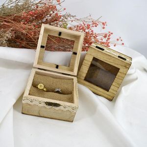 Reportación de regalos cuadrado rústico caja de joyería de madera anillos de pareja de tapa transparente para para compromiso propuesta de ceremonia de boda