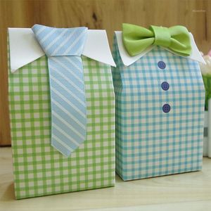 Venta de envoltura de regalo 10 PCS Little Man Blue Green Bow Tie Cumpleaños Boy Baby Shower Favor Candy Treat Bag Favores de boda Caja