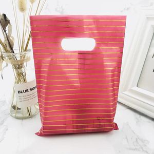 Envoltura de regalo bolso de plástico pequeño con manijas de vino rayas de oro rojo boutique shop joyería de joyería mango de 15x20 cm