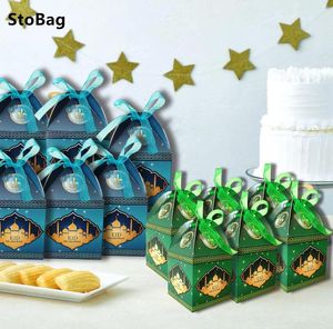 Enveloppe cadeau Stobag Eid Ramadan Moon Castle Green Blue Candy Souvenir Party Muslim Dress Up Snack Chocolate Emballage Supplies Wholesale