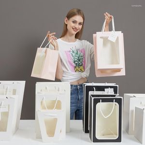 Papel de regalo Venta al por mayor de bolsos de ventana Regalos de cumpleaños Flores Bolsas de papel Embalaje Bolsa de vacaciones transparente
