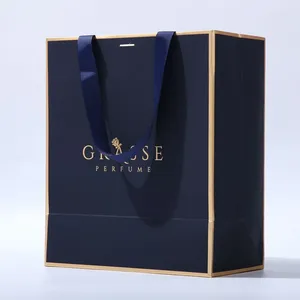 Malazos de envoltura de regalos 500 piezas/lote logo personalizado bolso de papel color azul de compras de lujo bolsas para paquetes con mango de cinta