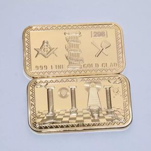 Cadeaux Plaqué or 24 carats Francs-maçons Pièce de défi maçonnique Barre d'or Conception 3D avec étui Cover.cx