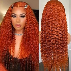 Peluca Frontal de encaje Remy 13x4 de onda profunda naranja jengibre, pelucas de cabello humano con frente de encaje transparente rizado de color para mujeres brasileñas 180%