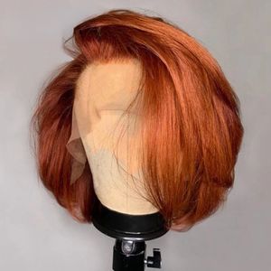 Ginger Short Bob Perruques de cheveux humains pour les femmes 13x4 Perruque frontale en dentelle colorée Noir / Marron / Blond / Bleu / Blanc / Rouge Perruques synthétiques avant en dentelle pré-plumées