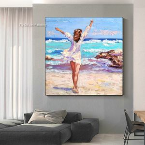 Girl Beach Canvas Painting Art Tropical Hawaii Beach Wall Art Decor Handmade Woman Seascape Ocean Impasto Oil peinture de mer Art figural pour le salon