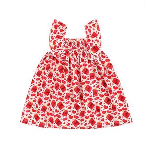 Fille Robes 2023 1-6Y Mignon Enfant Bébés Filles Robe D'été À Volants Bretelles Col Carré Coeurs AMOUR Cadeau Imprimer Rouge Sans Manches Lâche A-ligne