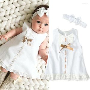 Fille robes 2023 bébé vêtements d'été 0-24M infantile né robe en dentelle sans manches nœud papillon côtes solide blanc robe de changement bandeau