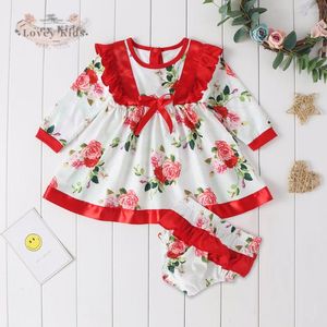 Vestidos de niña 2023, vestido de princesa para bebé, conjunto de 2 uds., conjunto de manga larga con estampado de flores y volantes, dulce con bragas