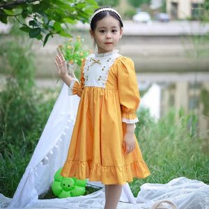 Vestidos de niña 2023, vestido español Vintage para niños, verano, bordado Floral, encaje, amarillo, bebés, trajes de diseño de Boutique