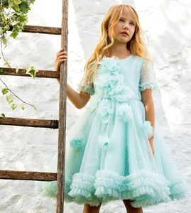 Robes de fille bébé bleu fleur pour mariage volants longueur au genou litière enfants enfant en bas âge robes d'anniversaire robe de reconstitution historique Poshoot