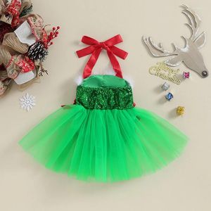 Robes de noël pour filles, barboteuse à paillettes, sans manches, col licou, en Tulle vert, body de princesse elfe, Costume de fée
