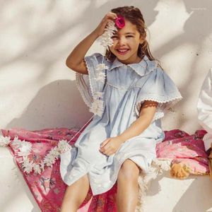 Robes d'été en dentelle brodée pour petites filles, tenue de princesse INS, découpée, à la mode, simple boutonnage, col de poupée, 2024