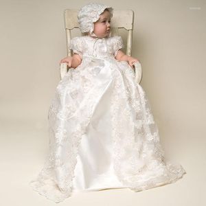 Fille robes bébé longue longueur robe de baptême né dentelle blanche avec manches courtes 3 pièces bébés vêtements chapeau vêtements pour enfants