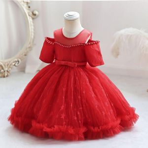 Vestidos de niña Baby Off Shoulder 1er cumpleaños Princess Dress Summer Girling Baading White Baptism Tutu Ball Gowns Kids Formal Disfraz 1-6y