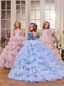 Robes de fille bleu princesse fleur pour mariage couches dentelle Tulle gonflé enfants mignon bébé anniversaire robe de soirée robes de bal