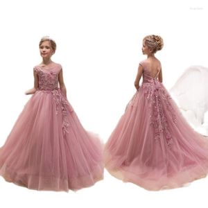 Fille Robes Blush Rose Dentelle Fleur Occasion Spéciale Pour Les Mariages Plume Enfants Pageant Robes Robe De Bal Tulle Première Communion Dre