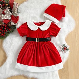 Vestidos de niña Vestido de Navidad de una línea para niños Bebés Niñas Moda de invierno Terciopelo rojo Manga corta Cuello de muñeca Princesa con cinturón Sombrero