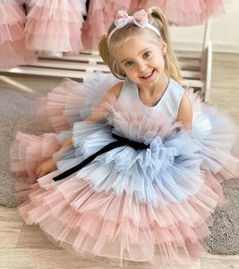 Robes de fille robe de fleur personnalisée O cou Satin gonflé Tulle petite princesse robe de fête d'anniversaire Pageant taille 1-12Y