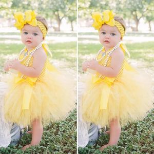 Robes de fille mignon bébé filles jaune Tutu robe infantile enfant en bas âge Crochet Tulle avec noeud de cheveux ensemble enfants Costume de fête d'anniversaire