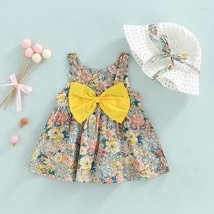 Vestidos de niña Vestido lindo para niñas con sombrero de cubo Estampado floral Sin mangas Falda con dobladillo grande Decoración con nudo de lazo Moda Verano Línea A