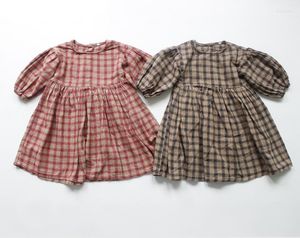 Fille robes automne hiver Style coréen bébé filles coton lin lanterne manches enfants vêtements enfants Plaid