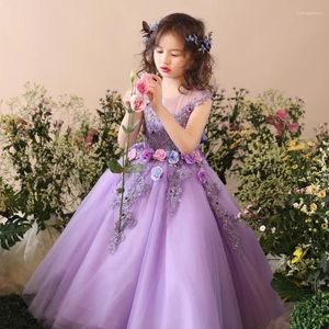Robes de fille fleur filles violet gonflé Appliques avec des fleurs 3D petite fête d'anniversaire de mariage première Communion robe de vacances