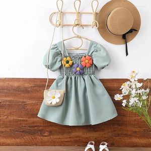 Robe de fille robe d'été de la fille manche bouffée carrée mignon mignon fleur 3d princesse petit vêtements