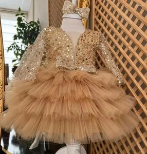 Robes de fille en Tulle doré à paillettes, robe Tutu de noël à plusieurs niveaux pour anniversaire, cadeau d'année florale pour enfant