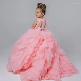 Robes de fille magnifiques roses en dentelle et Tulle, robe de princesse exclusive de concours, robe de bal à fleurs pour mariage, taille enfant 1-14T