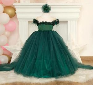 Robes de fille en Tulle vert, avec des Appliques florales, robe de soirée, manches cape, bouffantes, princesse, première Communion