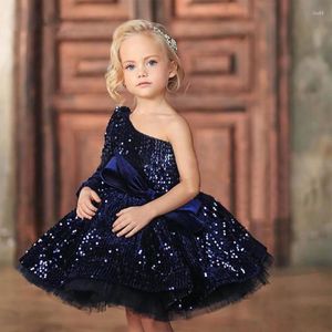 Vestidos de niña Gy Gy Puffy Navy Blue Sequin Princess Dress Kids Glitter Party One Shoulder Ball Bode Flower Año