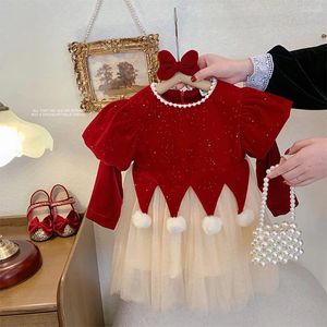 Robe en velours à manches longues pour filles, tenue de fête de noël, mignonne, avec perles, rouge, chaude, princesse, bonne année