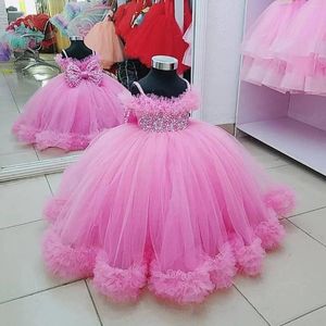 Girl Dresses Kids Pink Ball Gown Flower Straps Neck Hand Made Birthday Party Dress Costumes Pography