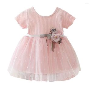 Fille robes corée bébé filles robe été Rose fleur dentelle pour enfants enfant en bas âge maille à manches courtes