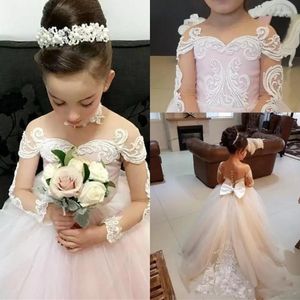 Fille robes rose clair robe de bal fleur filles manches longues belle pure bijou cou fête d'anniversaire pour peu avec Appl