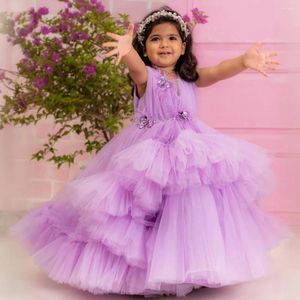 Robes de fille violet clair enfants anniversaire fleur gonflée plissée col en V à plusieurs niveaux Tulle robes de bal pour les petites filles
