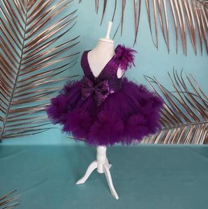 Robes de fille belle robe de bébé violet haut à paillettes dos nu princesse fleur infantile robe de fête d'anniversaire