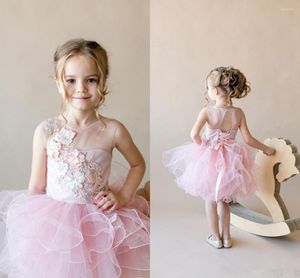 Vestidos de niña Cristales de color rosa Encaje 2023 Flor Hasta la rodilla Tul Pequeña boda Comunión Vestidos de desfile