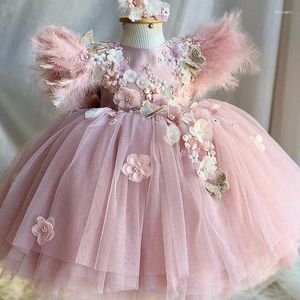 Robes de demoiselle d'honneur rose en Tulle, longueur aux genoux, motif floral, pour mariage, plumes, fête d'anniversaire, robe de bal de princesse, 1-14