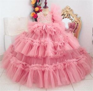 Vestidos de niña Pink Puffy Girls Tiered Ball Gown V Neck Long Princess Birthday Dress Pageant Kid Size 1-14Y Custom