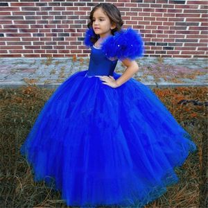 Vestidos de niña Puffy Royal Blue Baby Party Dress Kids Layers Flower Hi-Low Princess Vestidos de primera comunión lindos