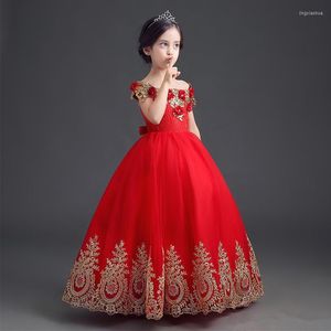 Fille Robes Rouge Formelle Étage Longueur Fleur Robe Avec Or Applique Dentelle Longue Princesse Brithday 3D Fleurs Enfants Robe De Bal