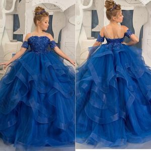 Robes de fille bleu Royal perles robe de fleur robe de bal bretelles anniversaire mariage Costumes première Communion goutte