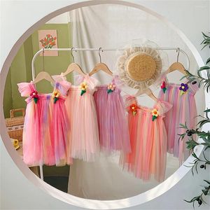 Robes de fille Sexy en maille transparente, robe Camisole pour enfants, jupe de princesse Tutu arc-en-ciel avec robe de bal à fleurs, vêtements bouffants