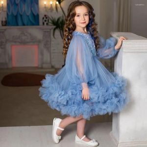 Robes de fille simples manches longues fille bal col rond bleu ciel froncé enfants robe de fête de Noël une ligne genou longueur robe de concours 2024